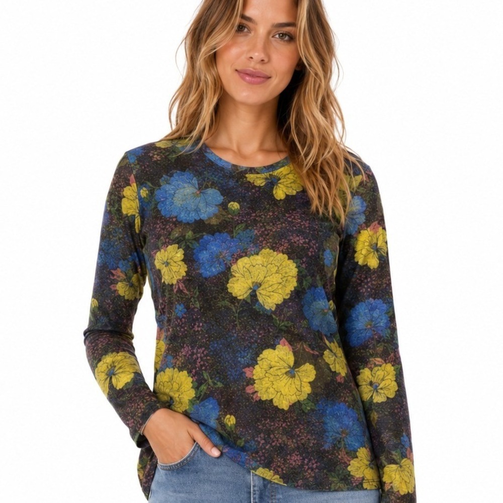 ZARA Woman Basic Floral Sheer Long Sleeve Top Large  Black Multi Glitter Stretch